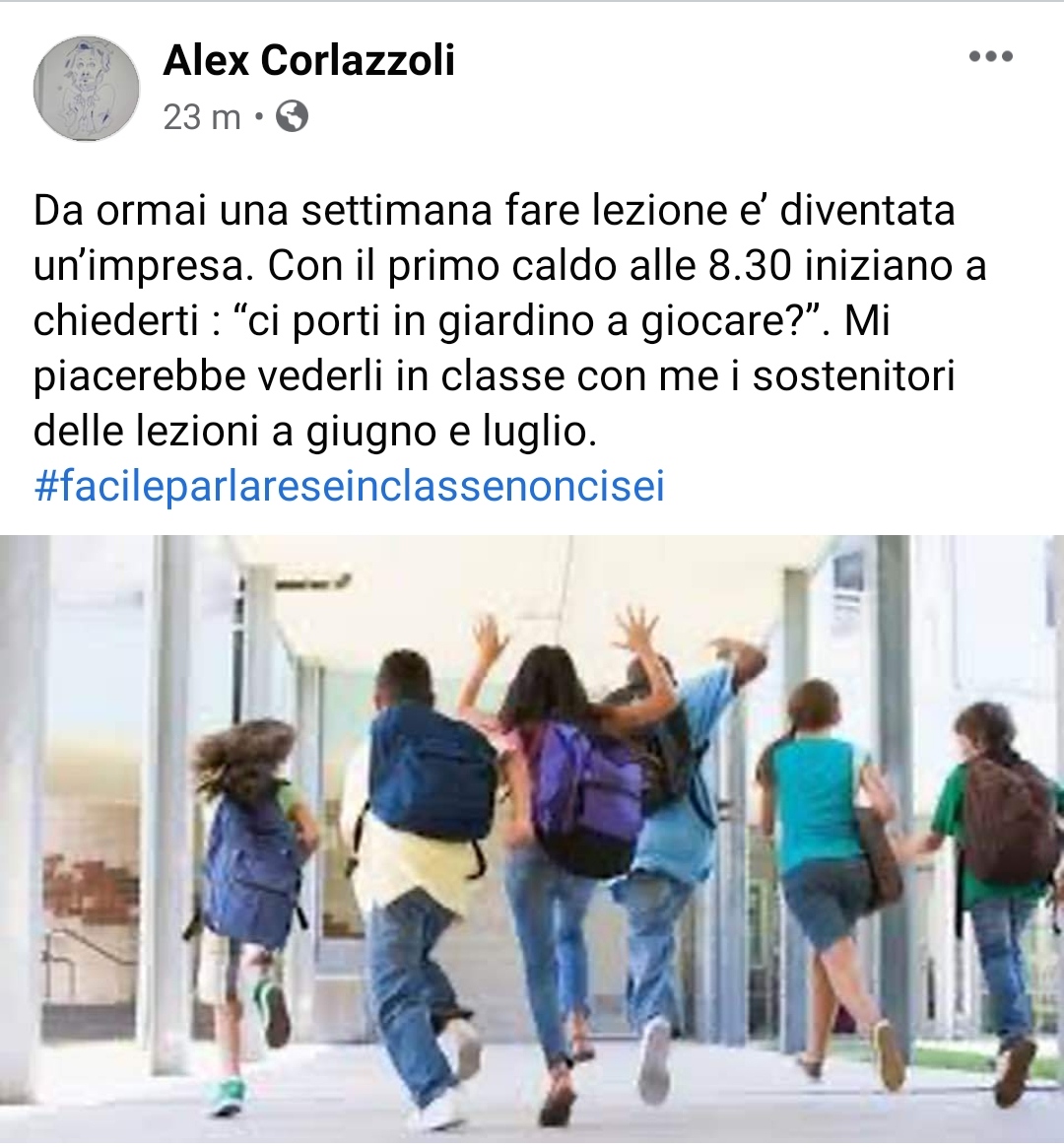 Il Maestro d’Italia Alex Corlazzoli: “Da una settimana, causa il caldo è difficile fare lezione in classe. Ditelo a chi voleva lezioni a giugno e luglio