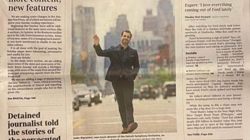 Chapeau al maestro Jader Bignamini, protagonista in prima pagina sul Detroit Sunday Free Press. Jader è Bellezza Italiana nel Mondo