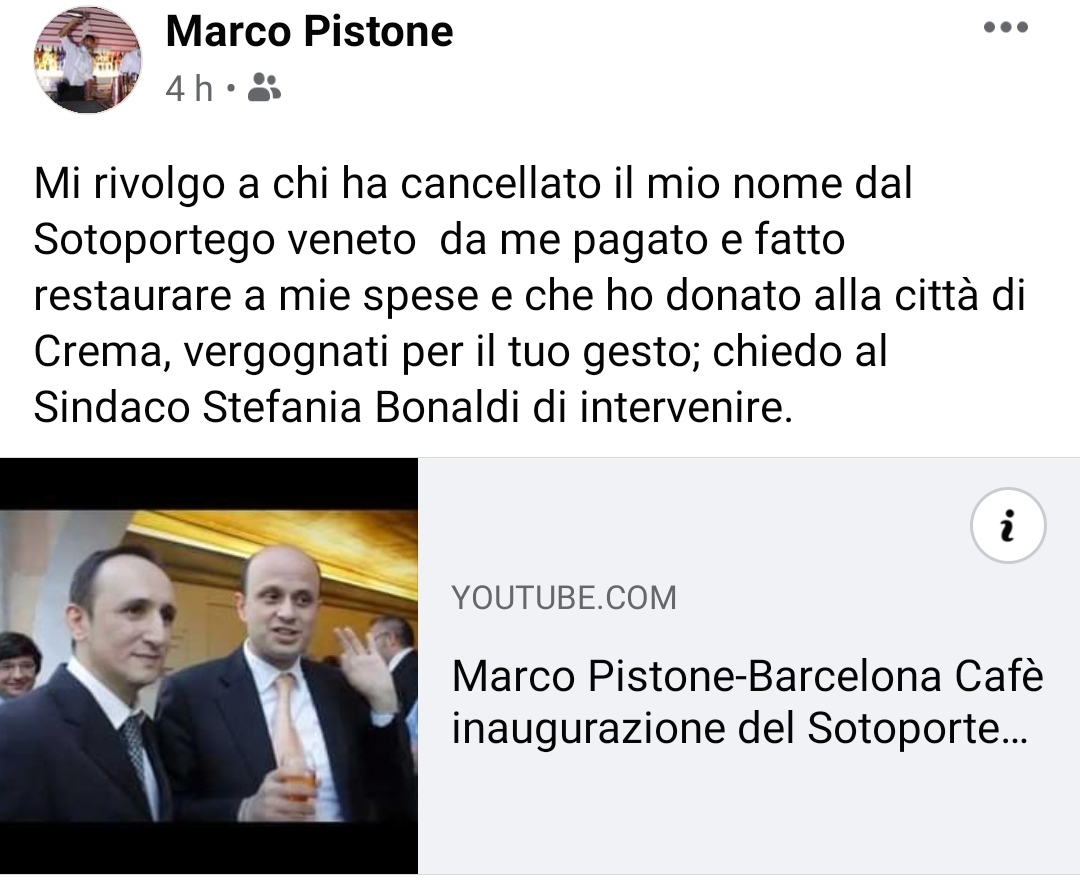 L’Artista del bancone Marco Pistone si rivolge, via social, alla sindachessa Stefania Bonaldi: “Cancellato il mio nome dall’elenco dei restauratori del Sotoportego”