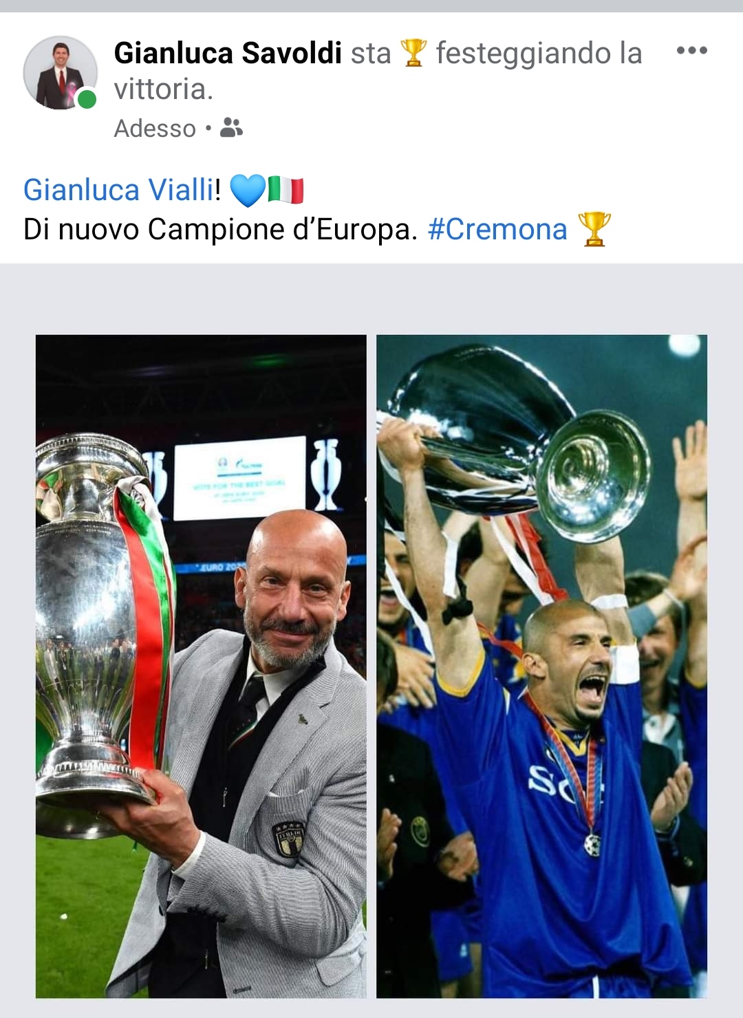 Chapeau al PopSindaco d’Italia Gianluca Savoldi, tra i primi a complimentarsi col campione d’Europa, cremonese Rock, Gianluca Vialli
