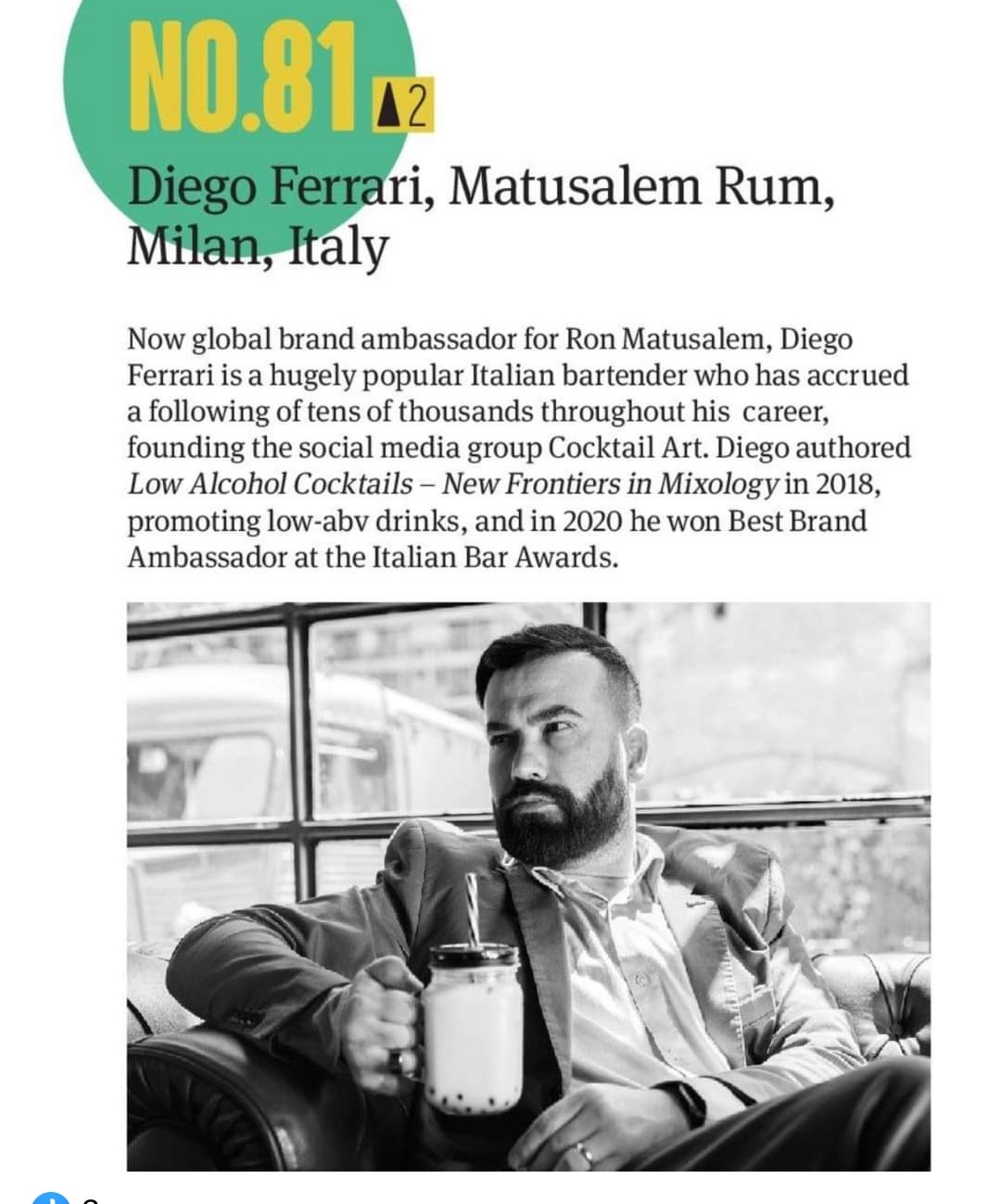 Chapeau al barman (e scrittore) Diego Ferrari, tra i 100 più influenti personaggi della Bar Industry 2021
