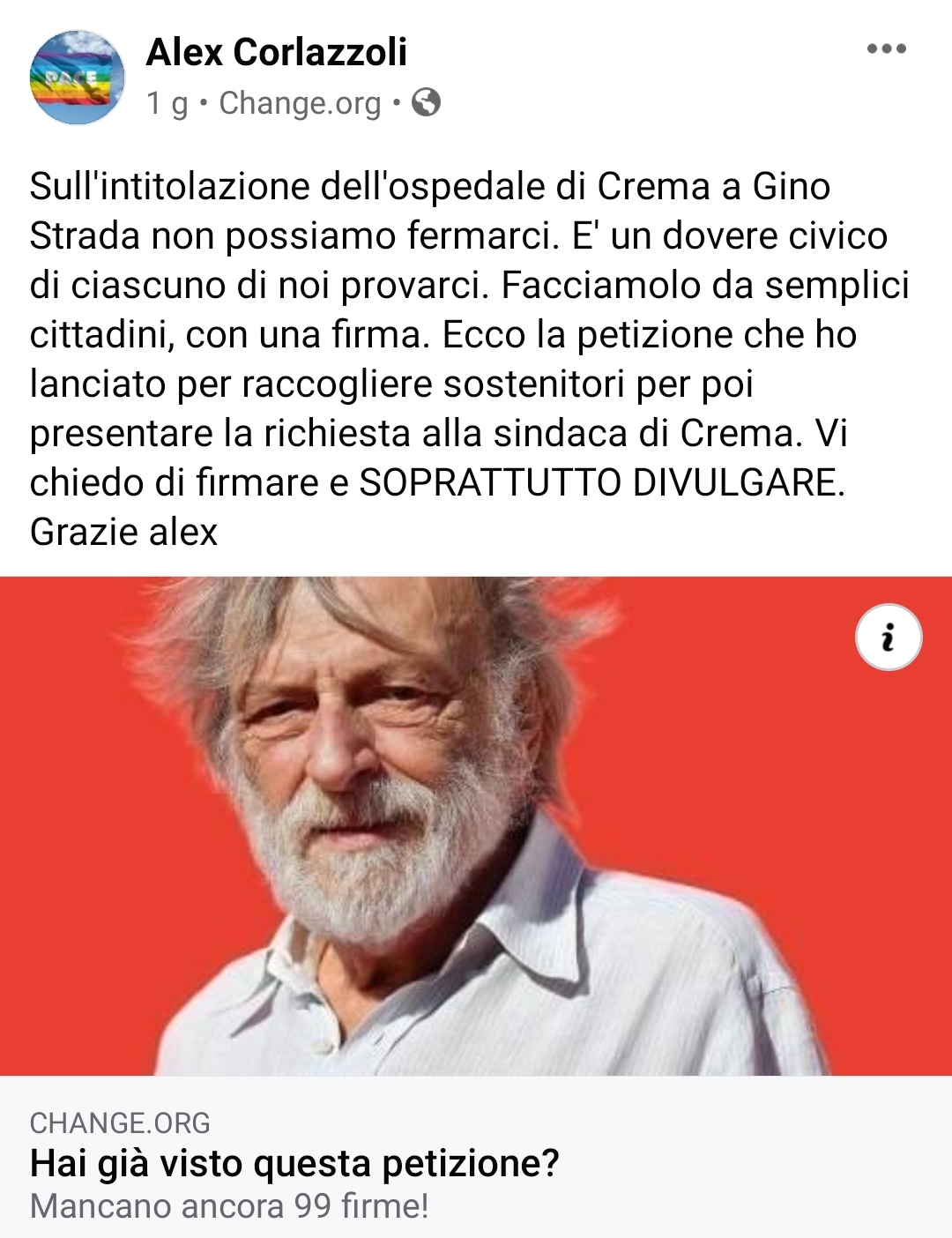 Il giornalista, scrittore, viaggiatore e Maestro d’Italia Alex Corlazzoli lancia la raccolta firme per intitolare l’ospedale di Crema e Gino Strada