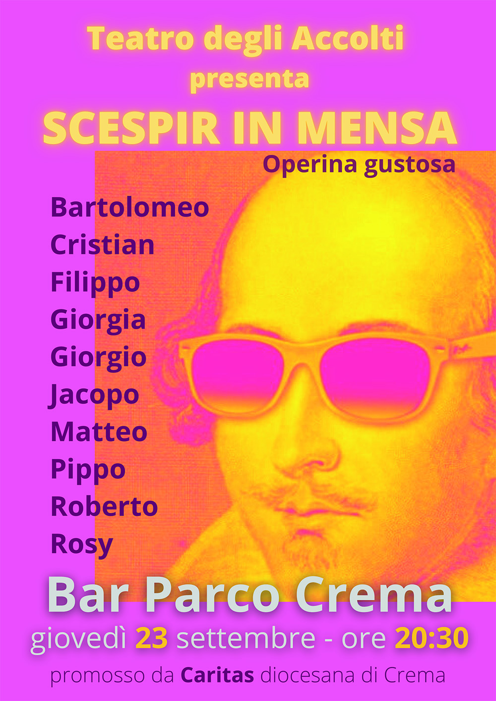 Il Teatro degli Accolti presenta “Scespir in mensa”  Operina gustosa, giovedì 23 settembre alle ore 20.30,  presso il Bar Parco, al parco Bonaldi in viale Europa