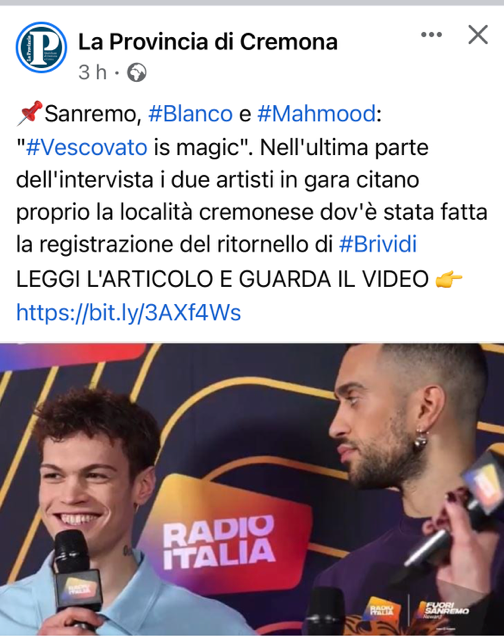 Con Blanco e Mahmood: da podio al Festival di Sanremo 2022, grazie al loro collaboratore Michelangelo, Vescovato è capitale della Musica Italiana