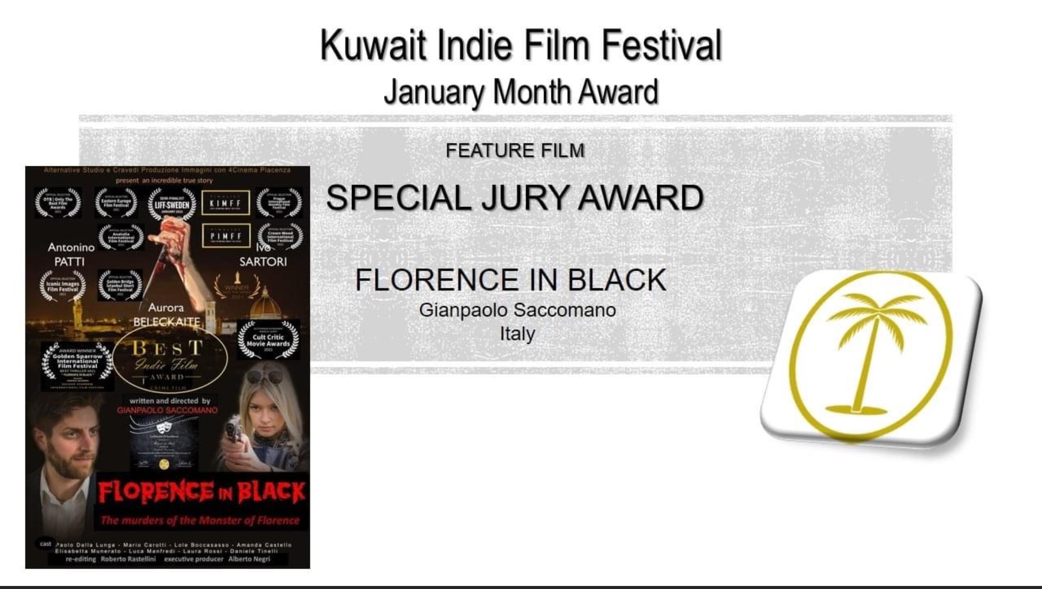 Gianpaolo Saccomano premiato pure in Kuwait per il suo film Nero Fiorentino sul Mostro di Firenze