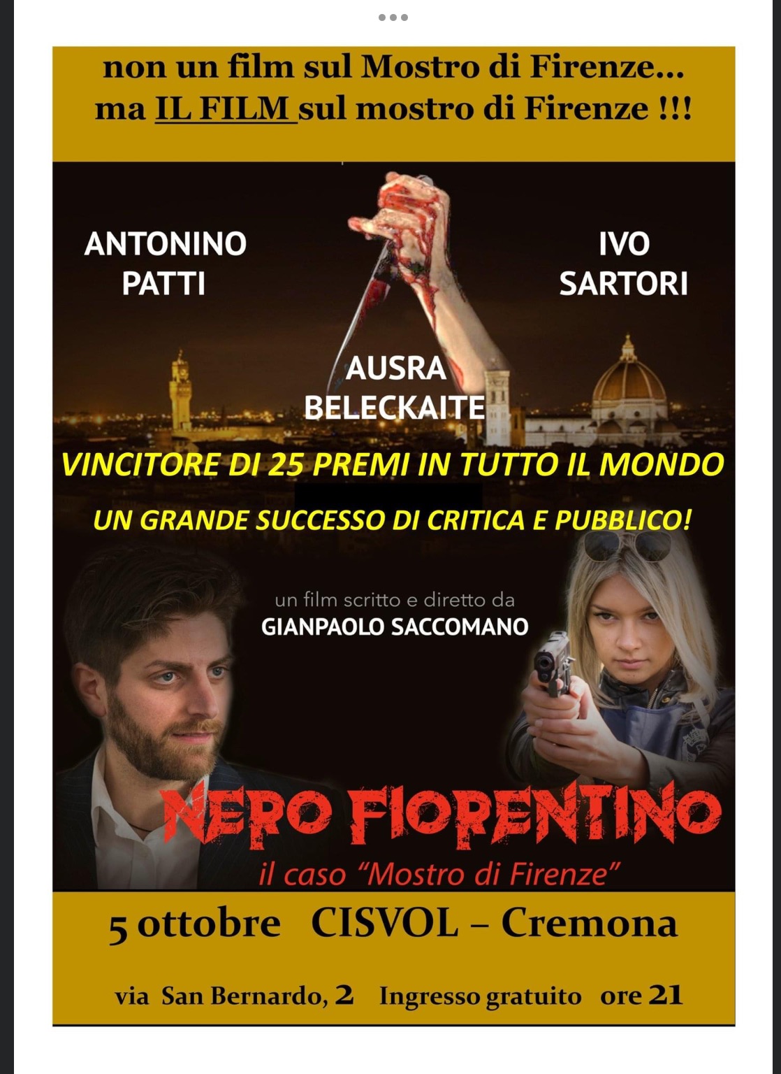 Nero Fiorentino, il film sul Mostro di Firenze di Saccomano, selezionato per il  Jean Luc Godard Awards 2022