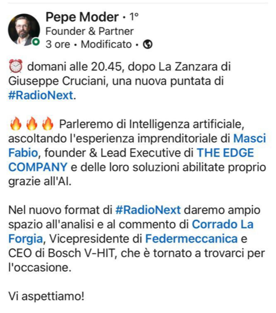 Il vicepresidente di Federmeccanica Corrado La Forgia, direttore della VHIT di Offanengo, stasera su Radio 24 parlerà di Intelligenza Artificiale