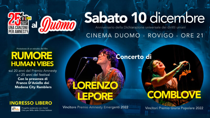 Musica e cinema per i diritti umani il 10 dicembre a Rovigo