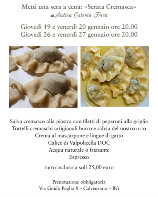 Grandioso all’Antica Osteria del Tricù di Calvenzano: in arrivo cene con Tortelli Cremaschi e Salva Cremasco