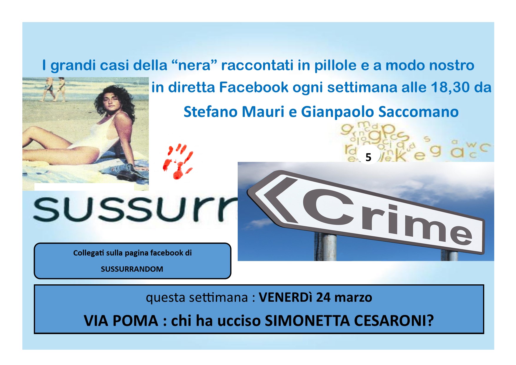 Grandioso sulla pagina Facebook di Sussurrandom: venerdì alle 18.30, Gianpaolo Saccomano parlerà del delitto di via Poma…