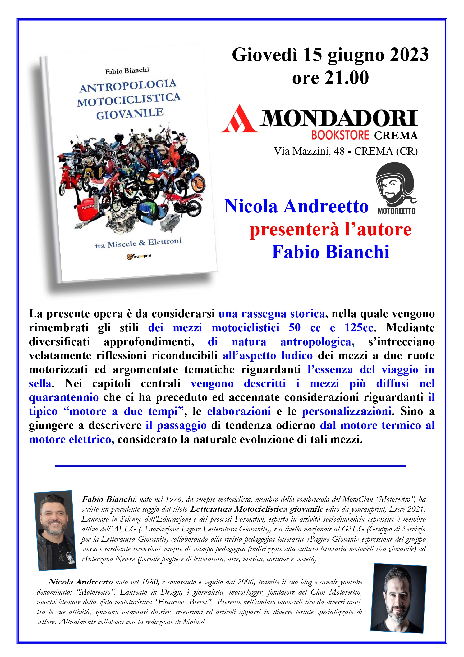 Mondadori Crema, presentazione del libro Antropologia motociclistica giovanile