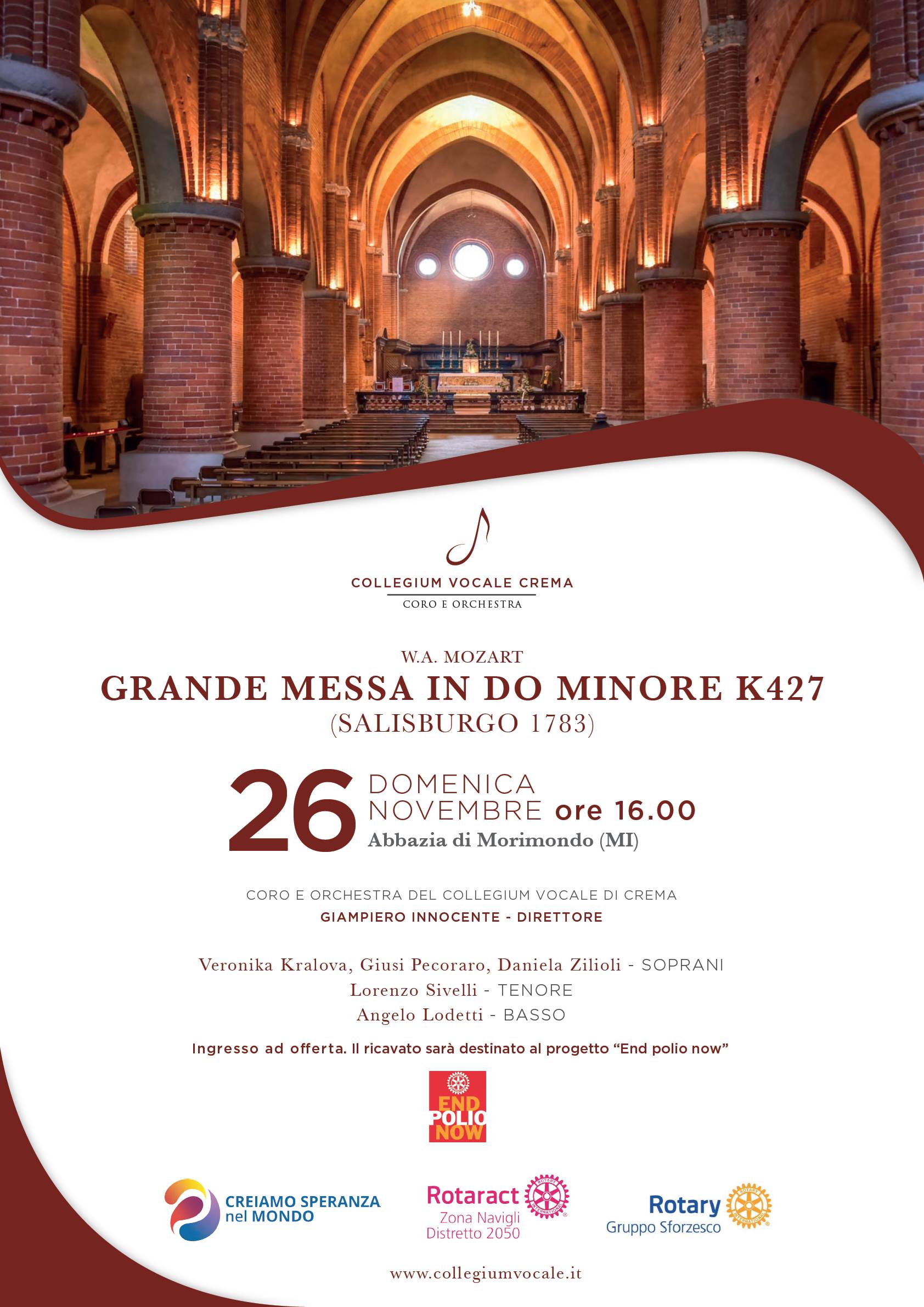 Collegium Vocale, domenica 26 novembre nell’Abbazia di Morimondo il via del ciclo dedicato alla Grande Messa K 427 di Mozart