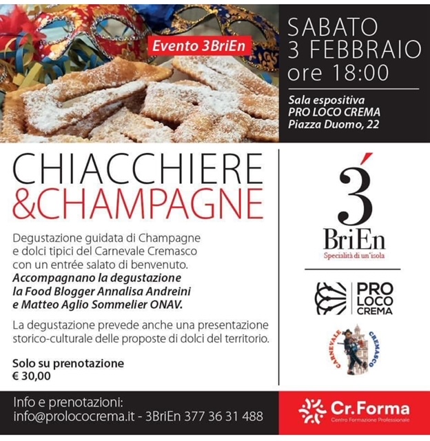 Grandioso a Crema: sabato, presso la Pro Loco di piazza Duomo, degustazione con ‘Chiacchiere & Champagne’
